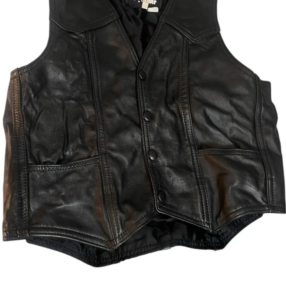All American Rider Black Faux Leather Biker Button Motorcycle Pockets Vest Sz M